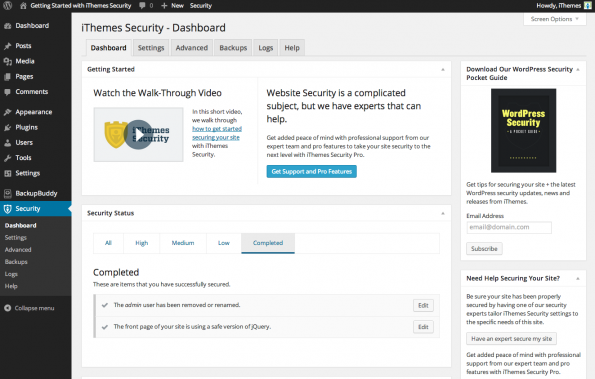 iThemes security dashboard op Wordpress