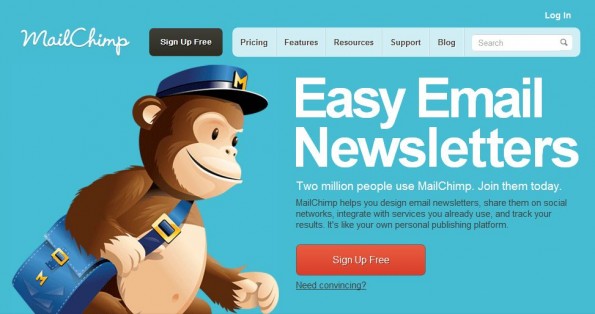 Mailchimp website met illustratie van aap in postbode outfit en de woorden easy email newsletters